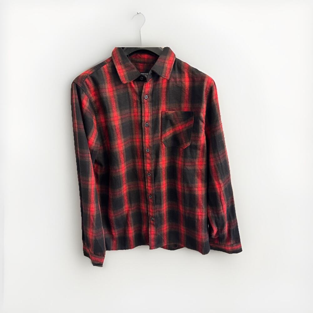 Mens L Brooklyn Cloth Flannel Shirt Shacket w/Pockets Plaid Red And Black‎ Heavy